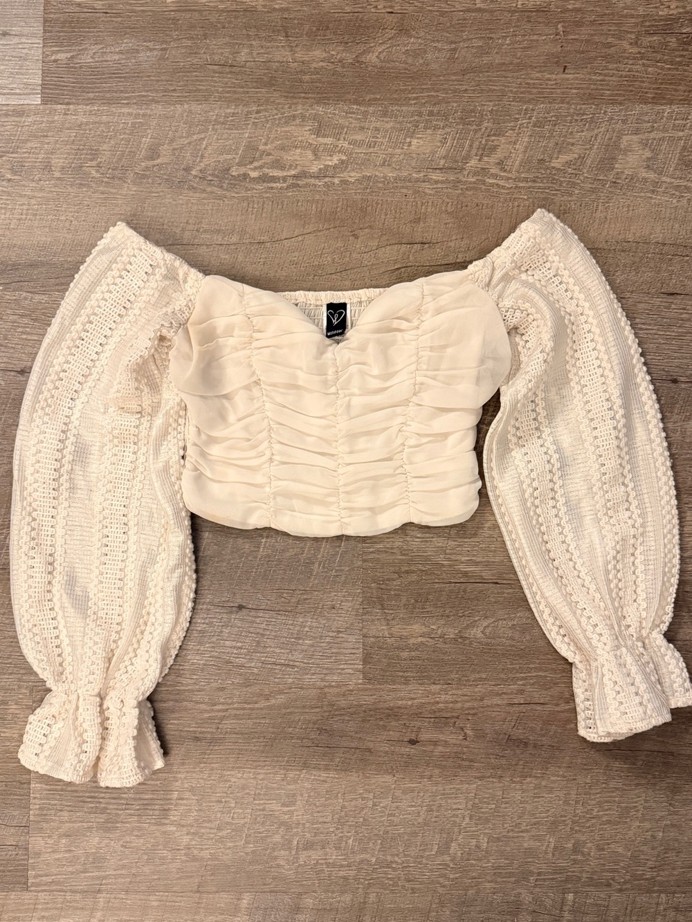 Windsor Cream Ruched Off-Shoulder Puff Sleeve Crop Top